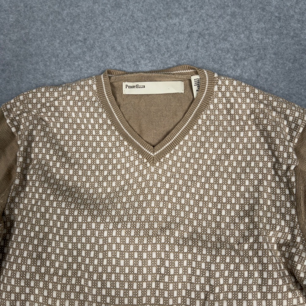 Perry Ellis Mens V Neck Sweater Tan Brown Pattern Long Sleeve Size S - Picture 3 of 8